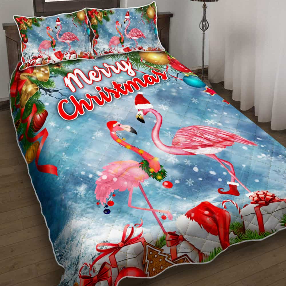 Merry Christmas Flamingo Quilt Bedding Set