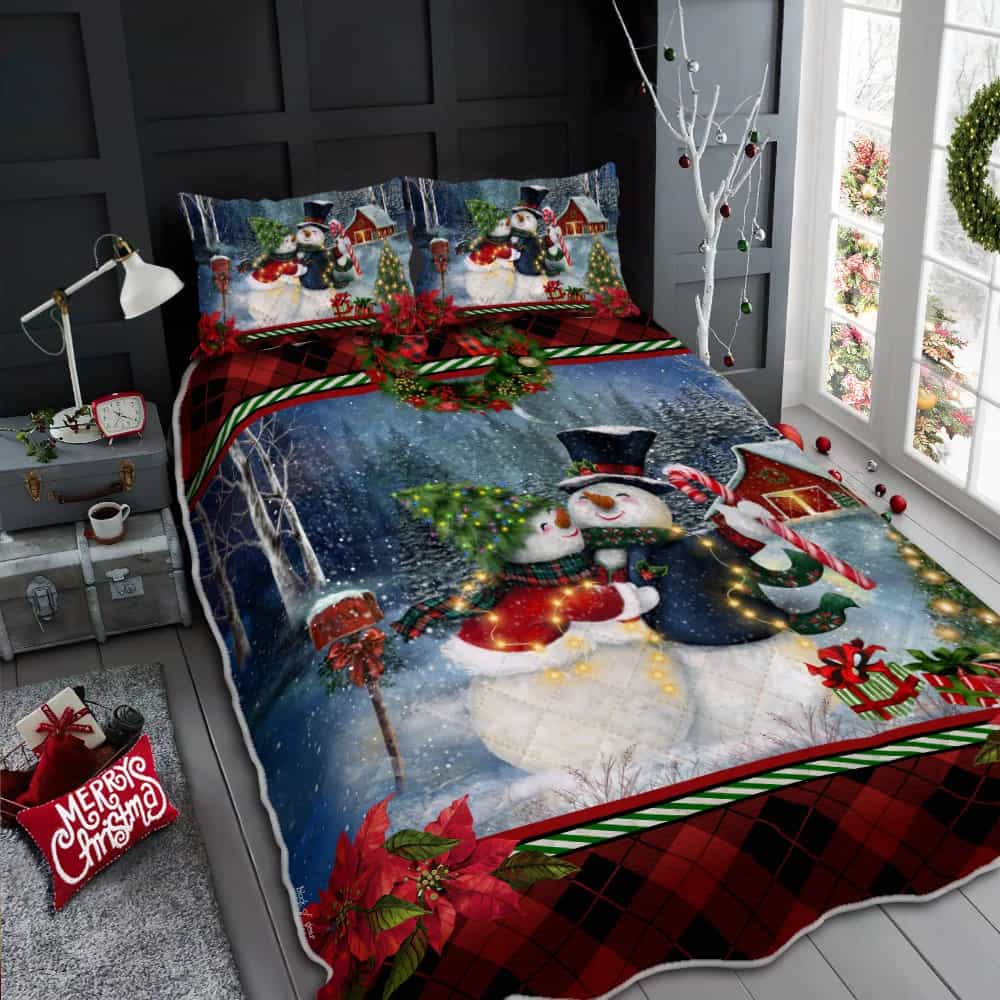 Snowman Couple Christmas Red Quilt Bedding Set