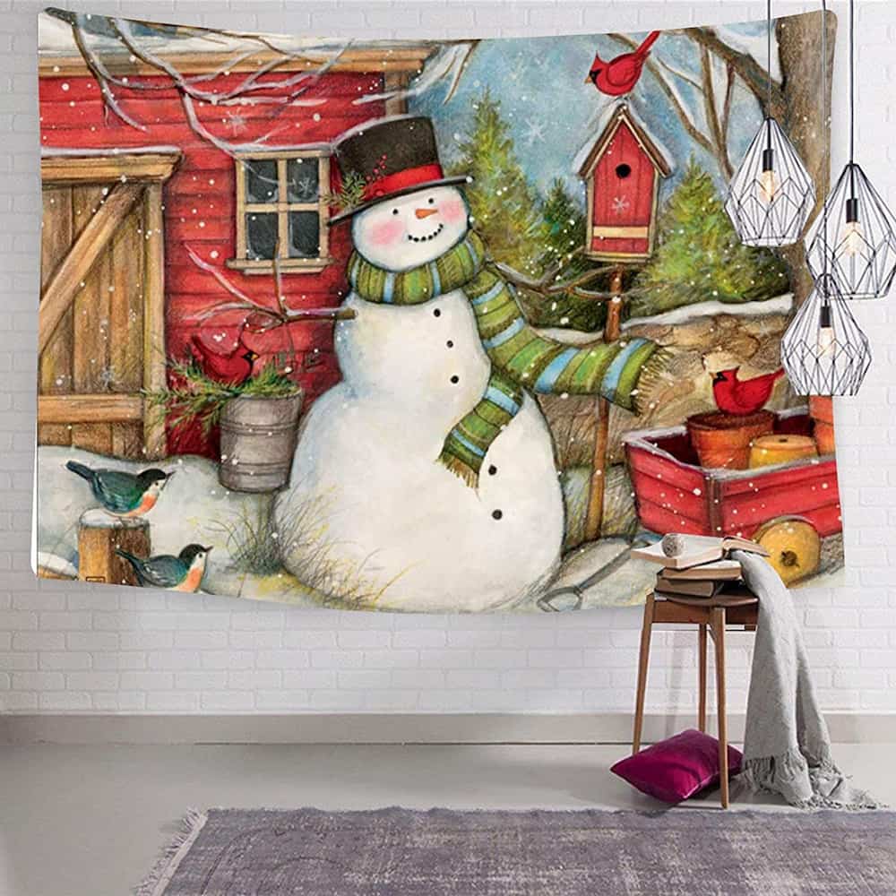 Red Barn Snowman Christmas Tapestry
