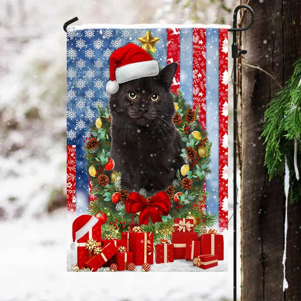 Black Cat Merry Christmas American Flag
