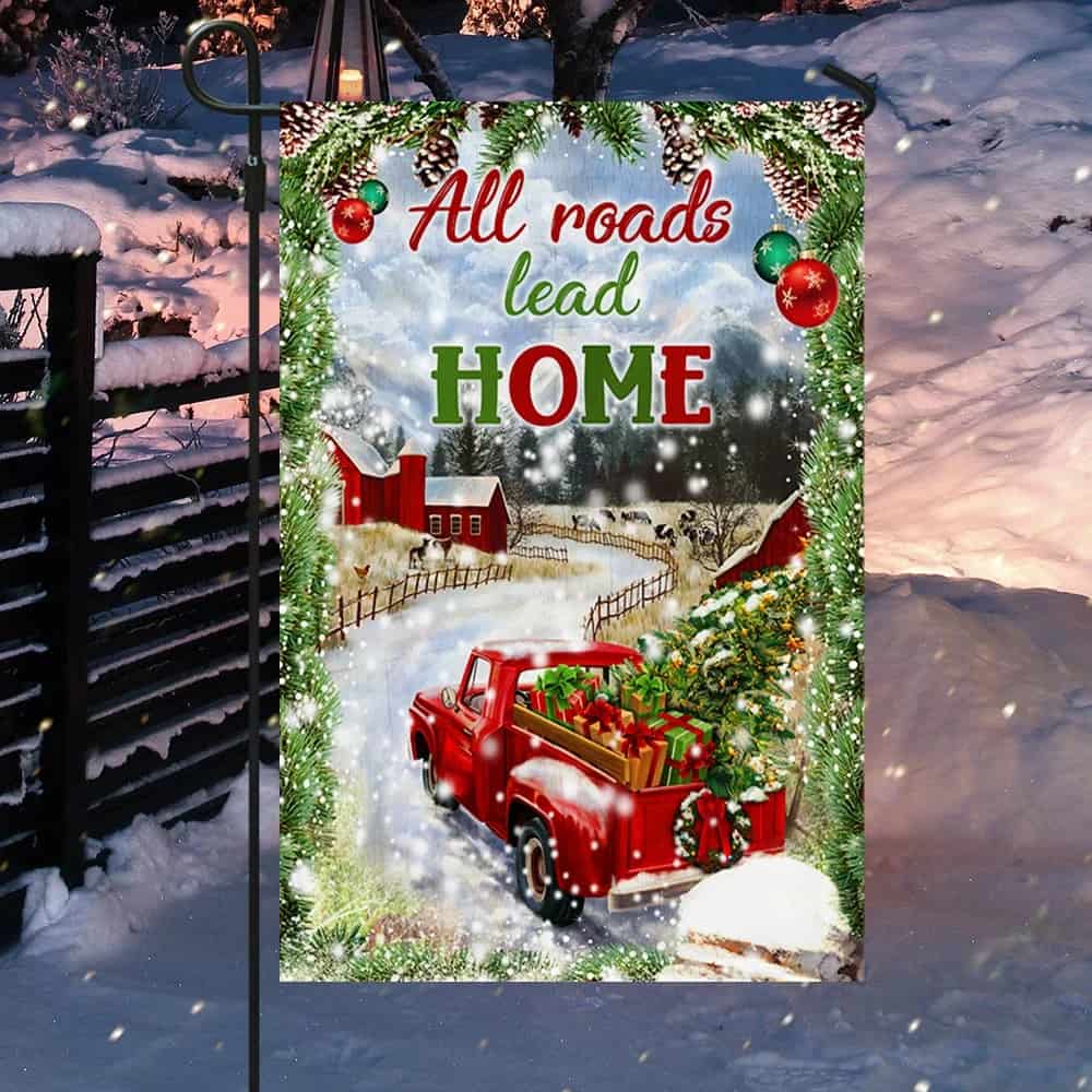 Red Truck All Roads Lead Home Xmas Flag