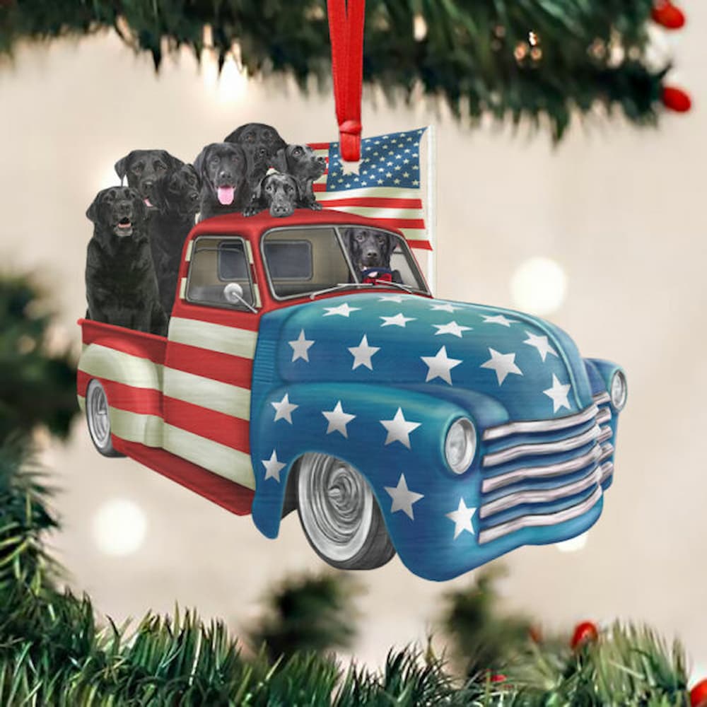 Black Labrador Retrievers In American Flag Truck Ornament