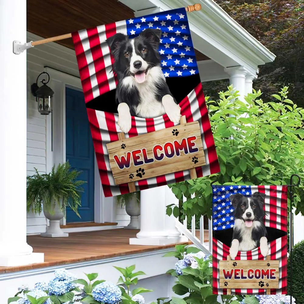 Border Collie Dog Welcome 4th of July American Flag