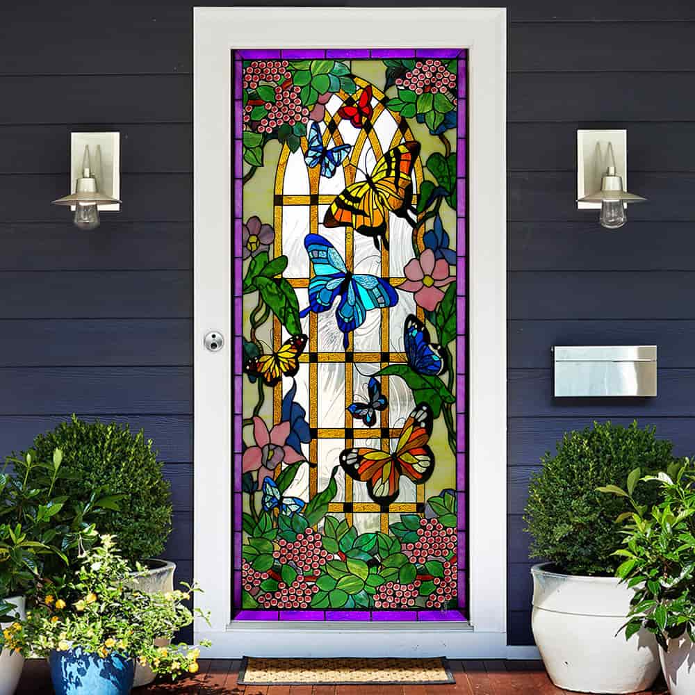 Butterfly Gardening Stained Glass Door Cover