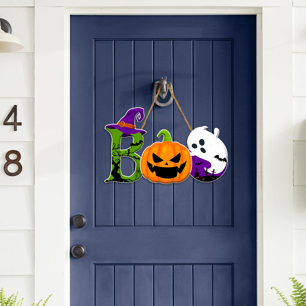 Halloween Boo Wood Sign, Cute Ghost Door Sign Wooden Door Sign