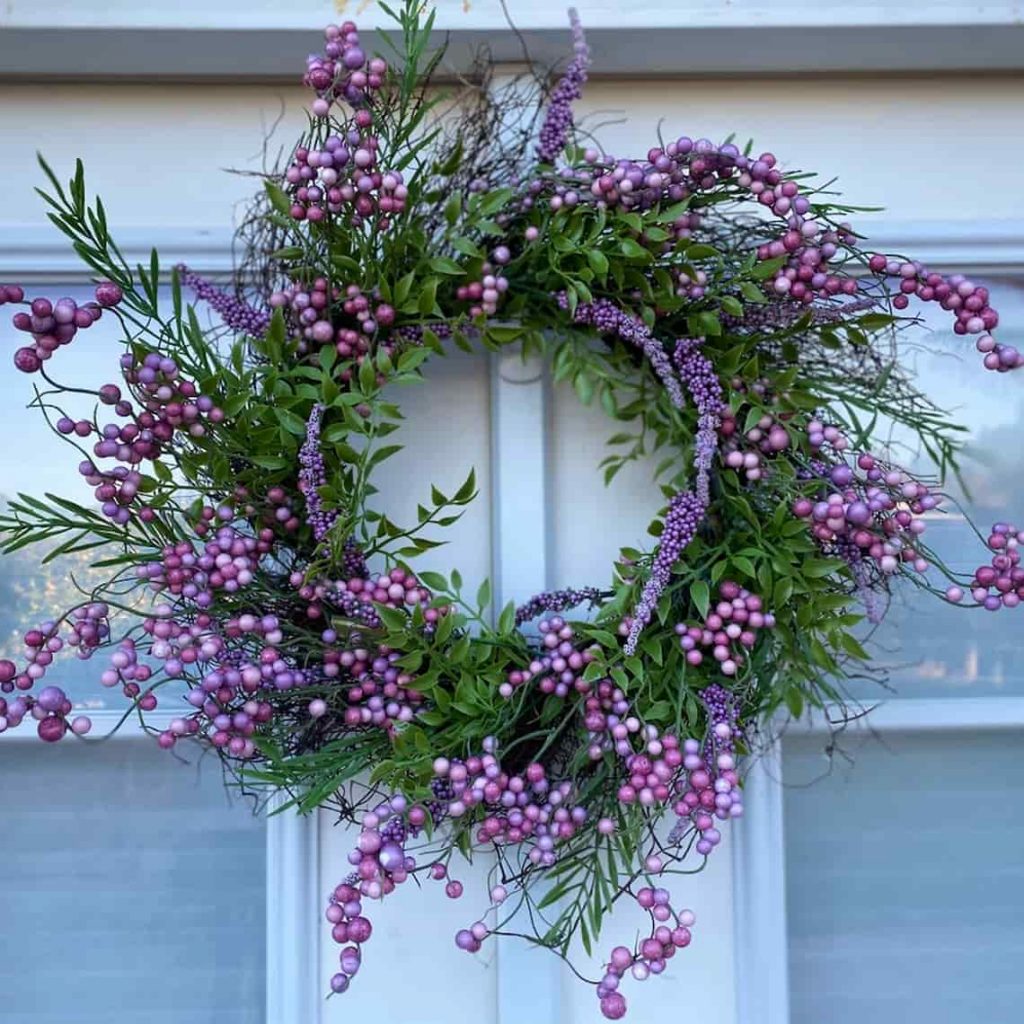 Beautiful faux wreath with lavender and green tones for front door decor