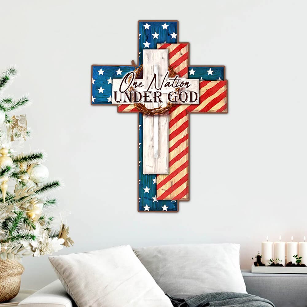 Jesus Cross Hanging Metal Sign One Nation