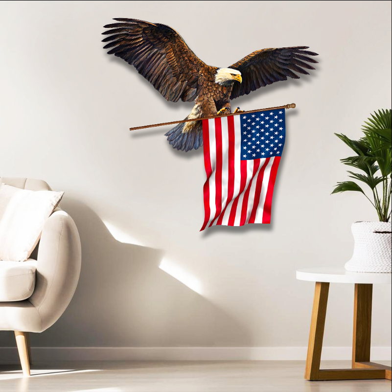 Eagle With American Flag Hanging Metal Sign