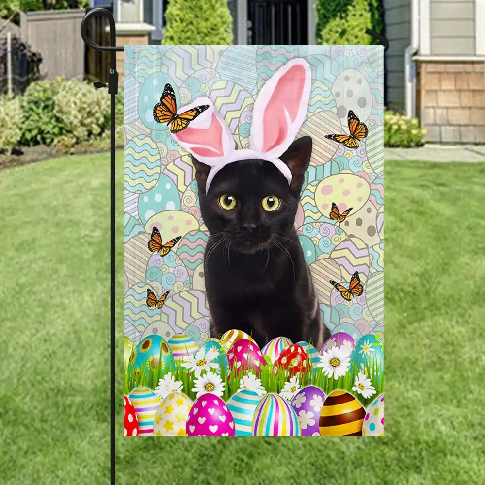 Black Cat In Bunny Ears Easter Flag