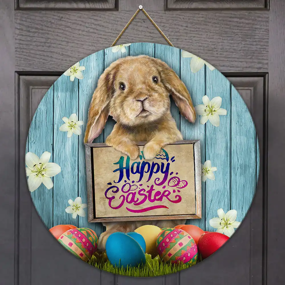 Happy Easter Bunny Eggs Wooden Door Sign