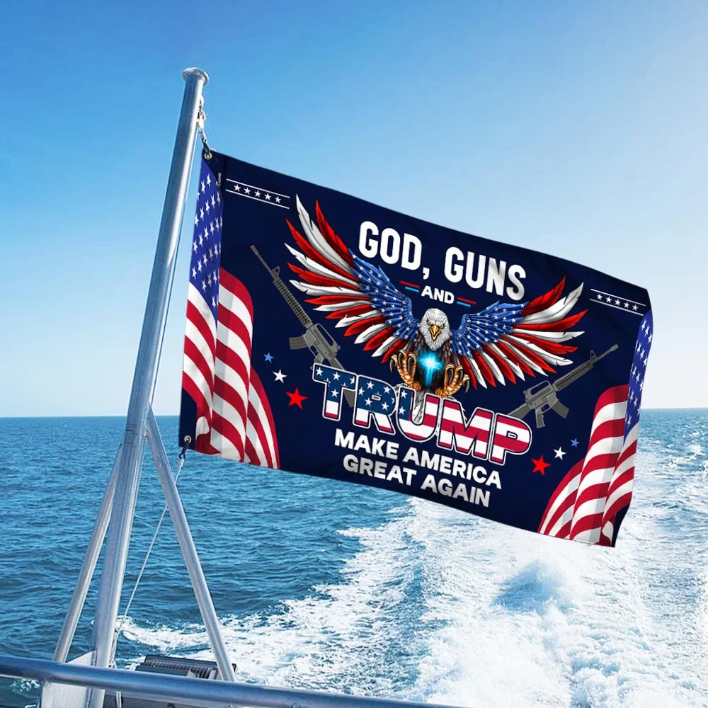 God Guns and Trump MAGA Patriotic American Grommet Flag