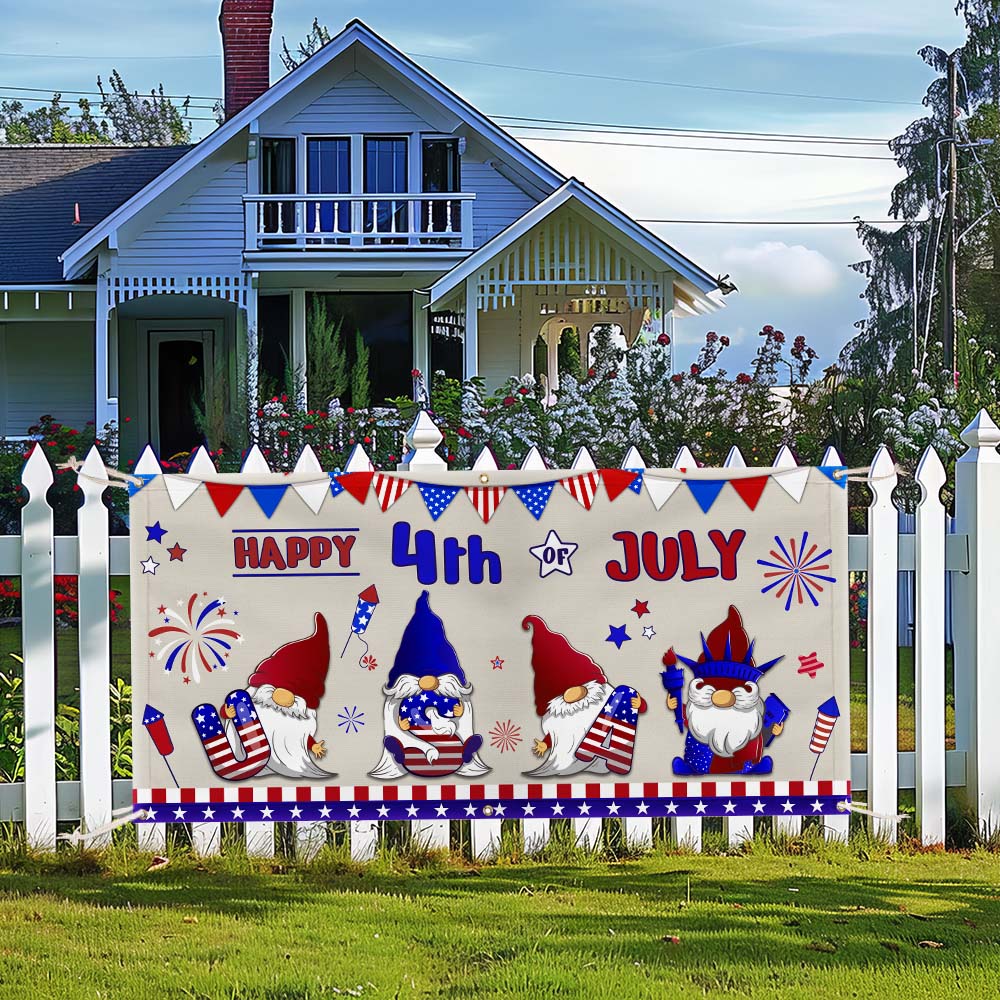 Happy 4th Of July Gnomes Independence Day Fence Banner
