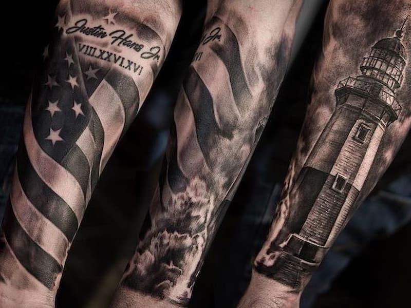 115 Patriotic American Flag Tattoos You Must See  Tattoo Me Now  Men  tattoos arm sleeve Military sleeve tattoo American flag tattoo