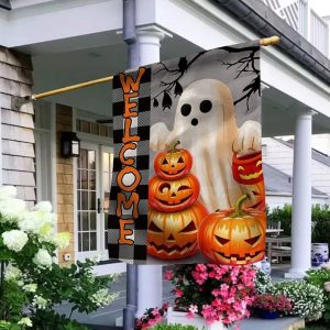 Buffalo Check Plaid Gnome Ghost PPumpkin Fall Halloween Gray 3D Print Garden House Flag