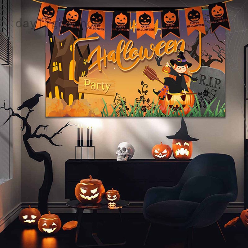 Halloween decor with flags as backdrop
