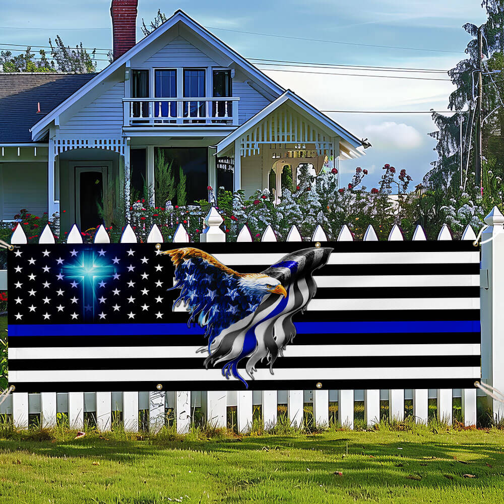 The Thin Blue Line. Police. Law Enforcement American Eagle Fence Banner