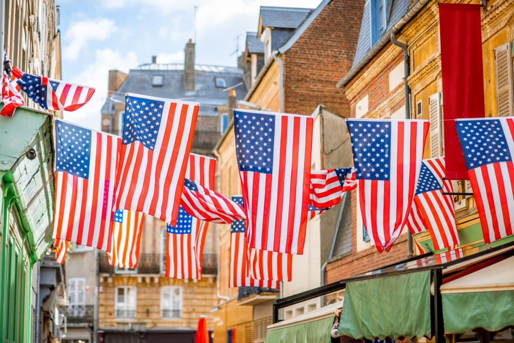 American flags on the street outdooors