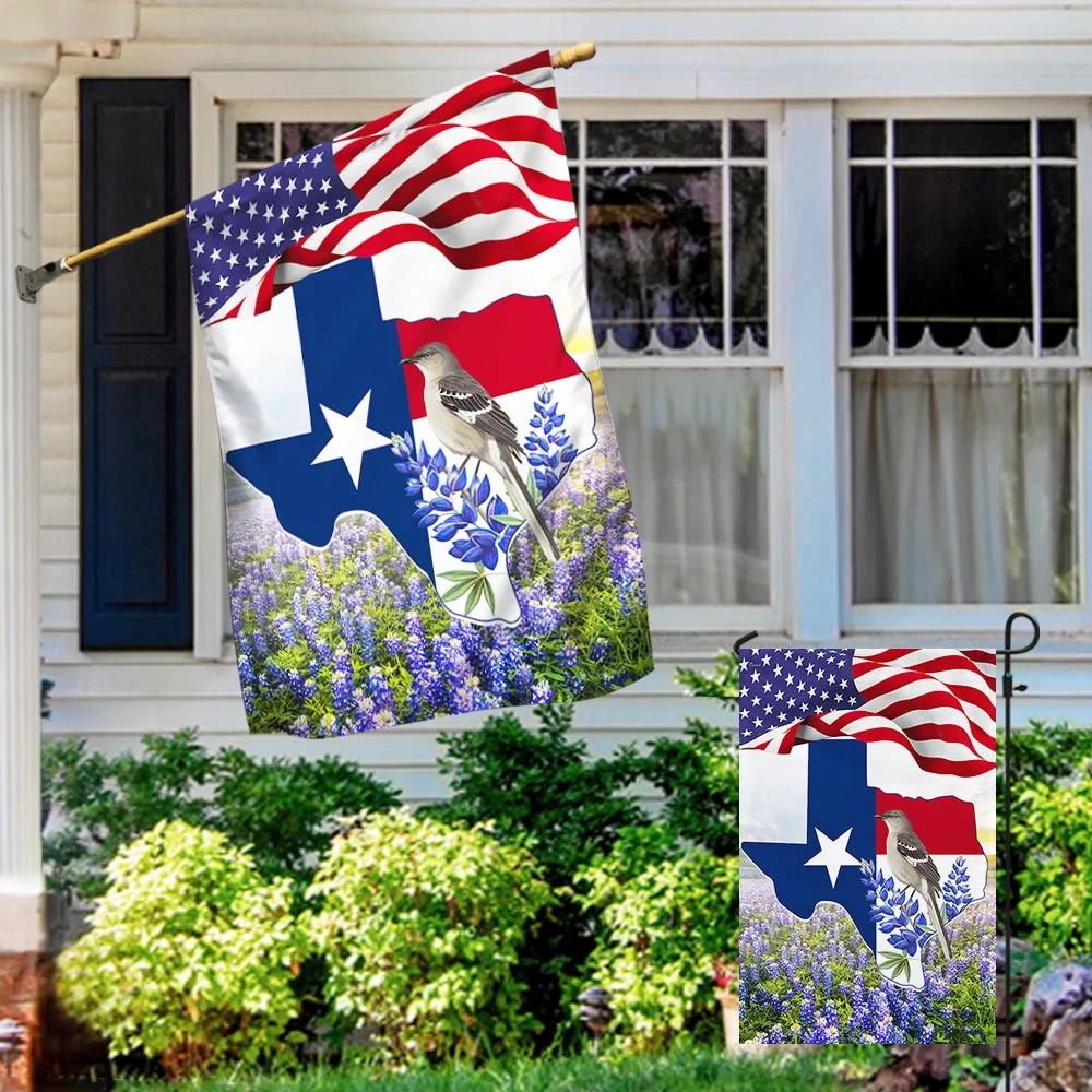 Texas Bluebonnets With Longhorn and Mockingbird Texas Flag