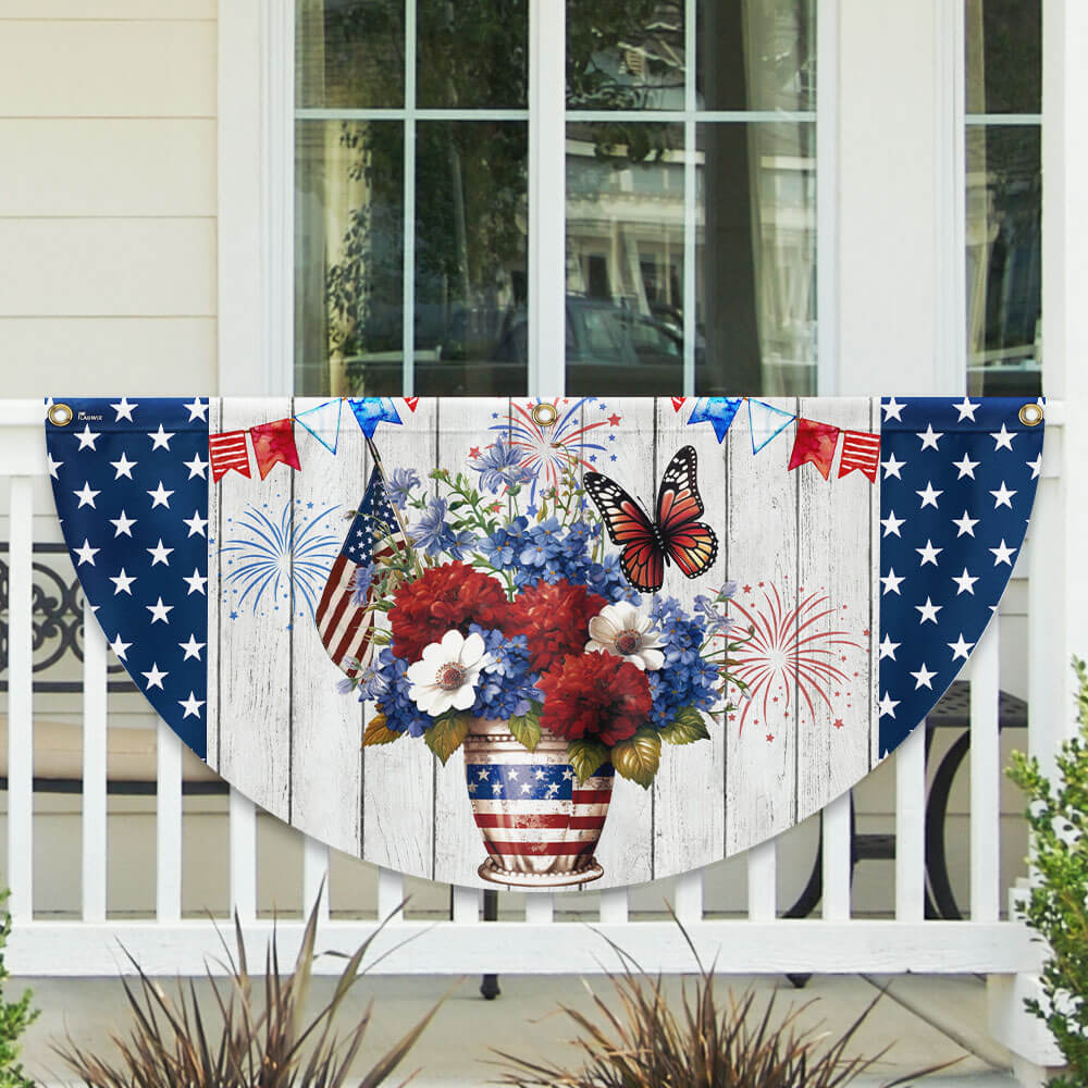 Patriotic Flowers Vase Happy Independence Day 4th of July Non-Pleated Fan Flag