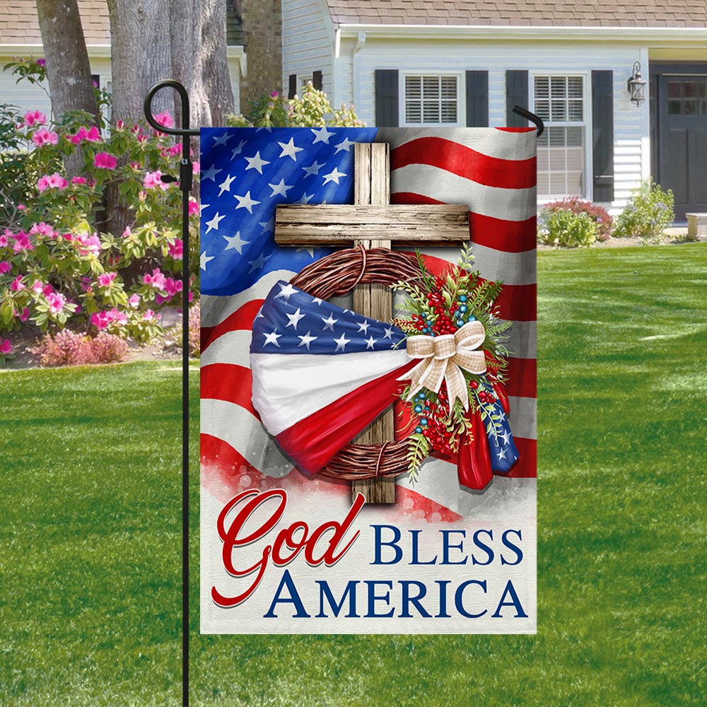 God Bless America American Wreath Patriot Christian Cross Flag MLN1410F