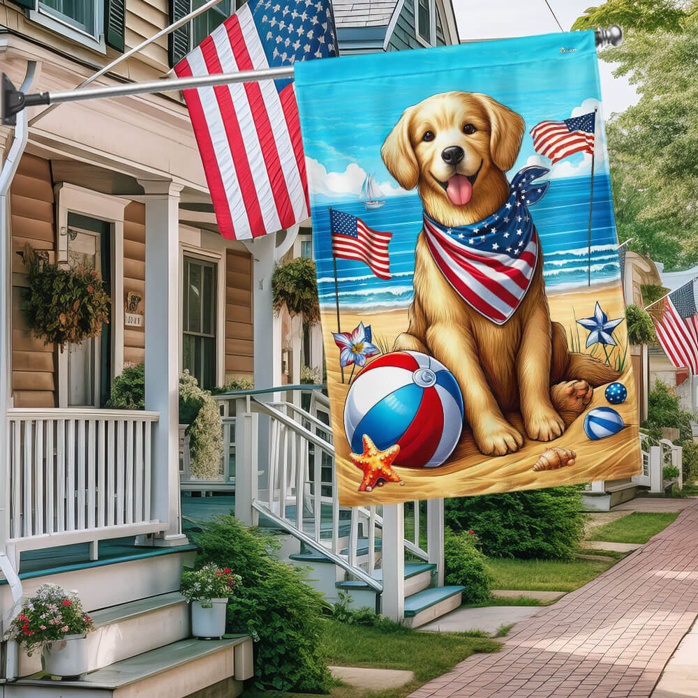 Golden Retriever Dog On The Beach 4th Of July Flag