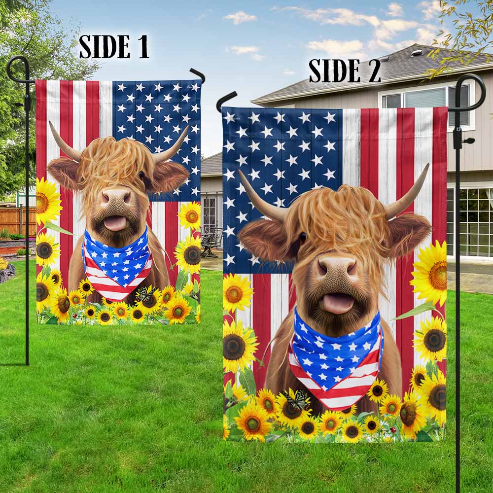 Highland Cattle Sunflower Patriot Cow Flag