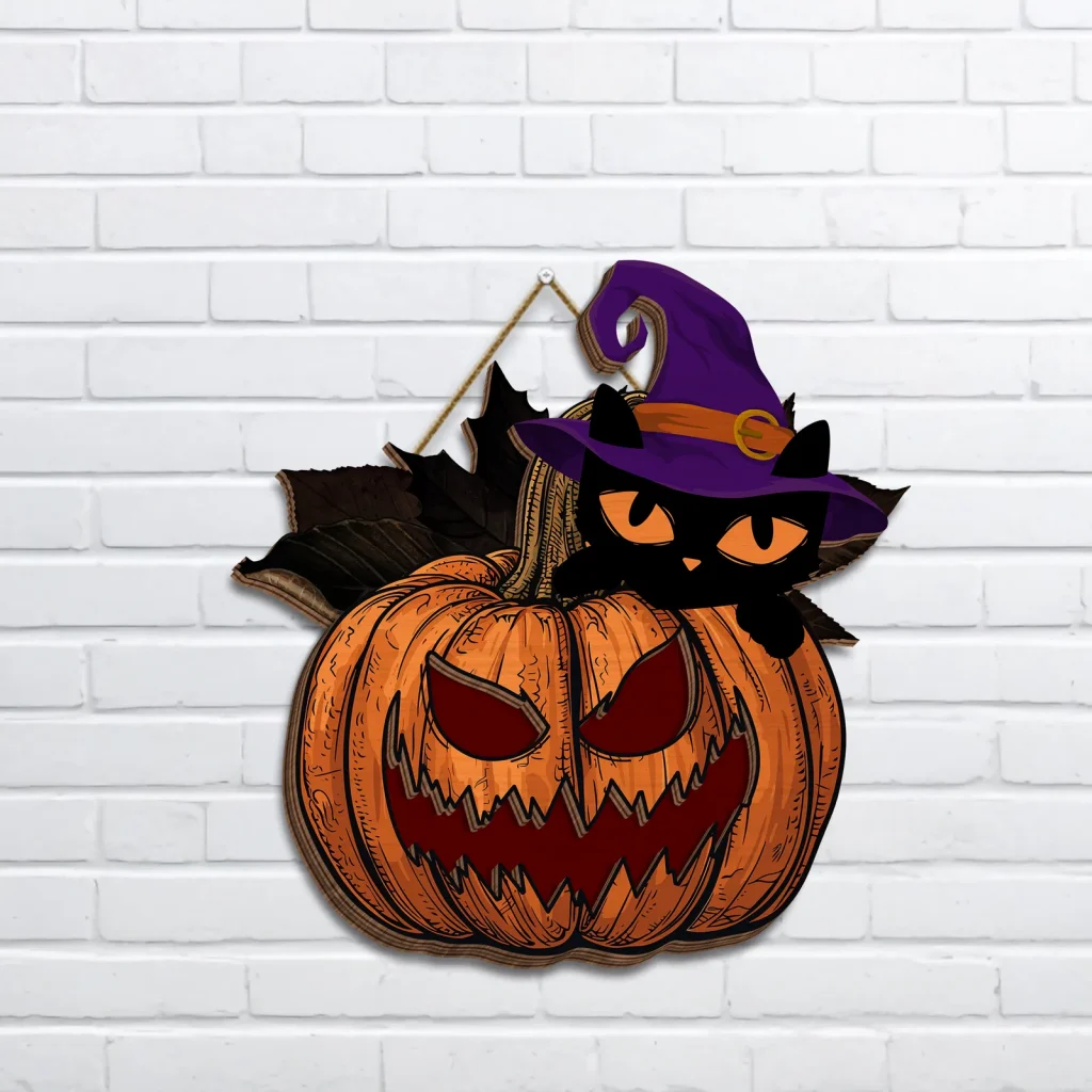 Black Cat and Pumpkin Welcome Sign, Halloween 3D Hanging Door Sign