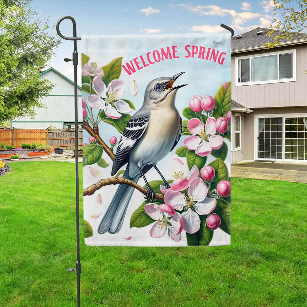 FLAGWIX Arkansas Welcome Spring Northern Mockingbird and Apple Blossoms Flag