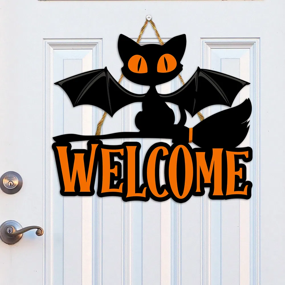 Halloween Black Cat Sign Welcome Wooden Door Sign