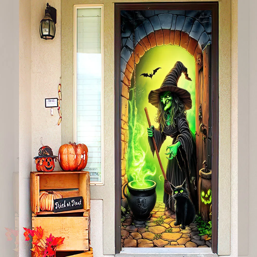 Halloween Witch And Black Cat Witch Making Poison Door Cover