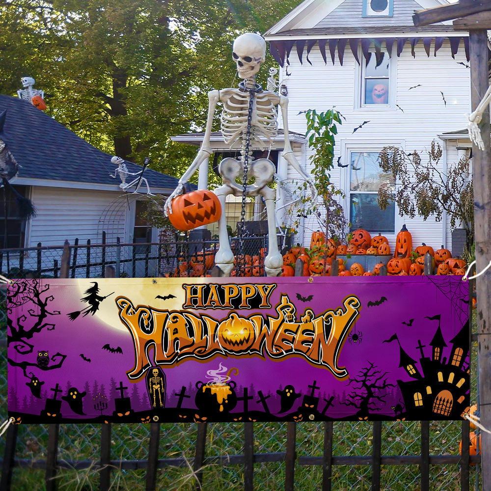 Happy Halloween Spooky Pumpkin Witch Haunted House Fence Banner