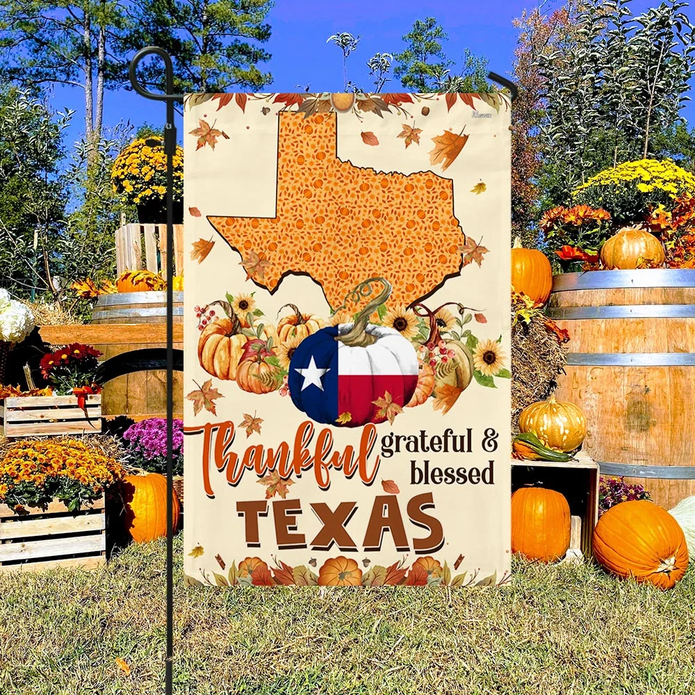 Thanksgiving Texas Flag Thankful Grateful And Blessed Pumpkin Fall Halloween Flag TPT1130Fv3