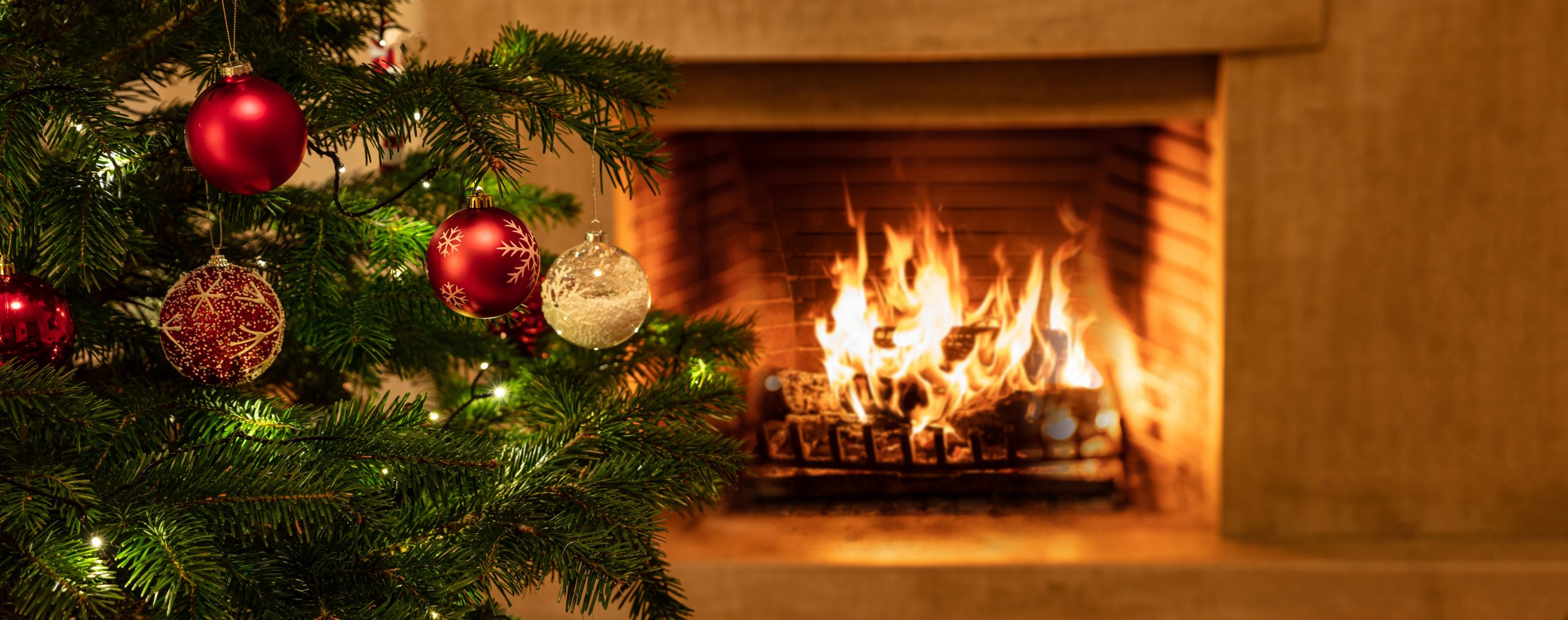 Christmas tree close up on burning fireplace background