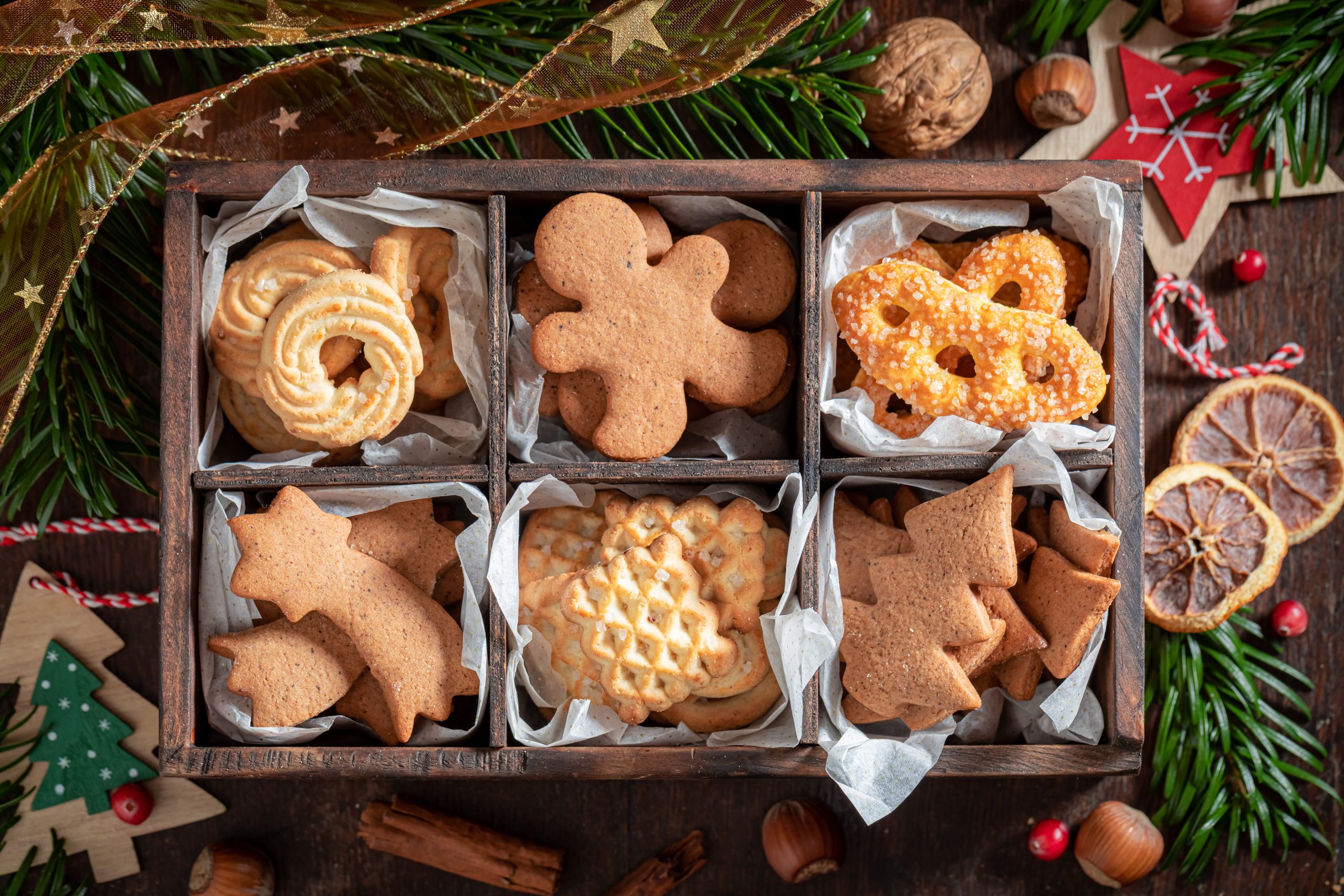 Sweet gingerbread cookies for Christmas in a small wooden box