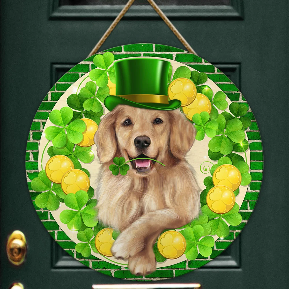 Irish Door Hanger Irish Shamrock Golden Retriever St. Patrick’s Day Wooden Sign TRL1818WD