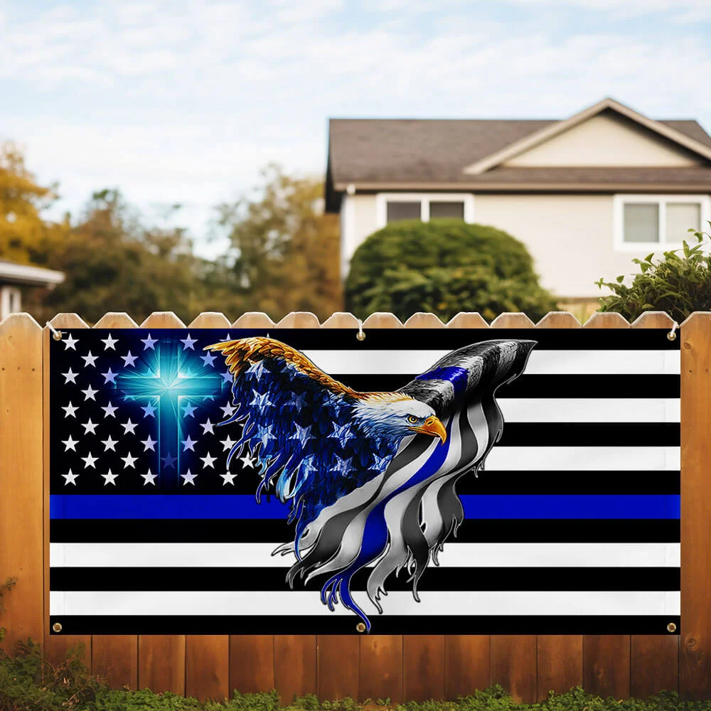 The Thin Blue Line. Police. Law Enforcement American Eagle Fence Banner