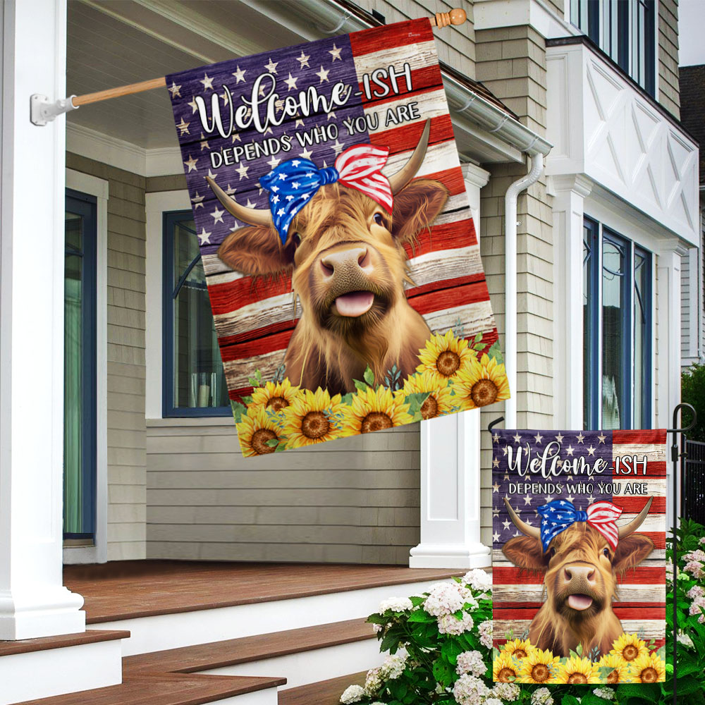 Happy 4th Of July. Sunflower Highland Cow Welcome American Flag TPT909F