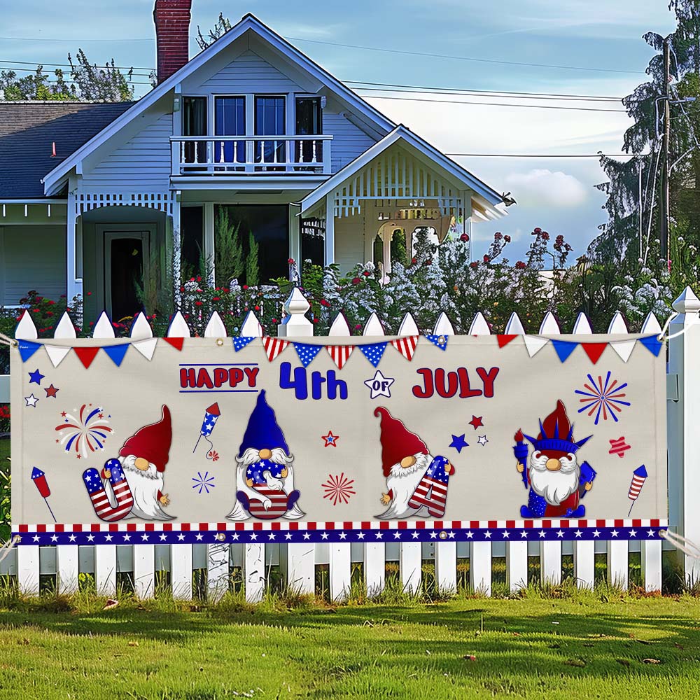 Happy 4th Of July Gnomes Independence Day Fence Banner