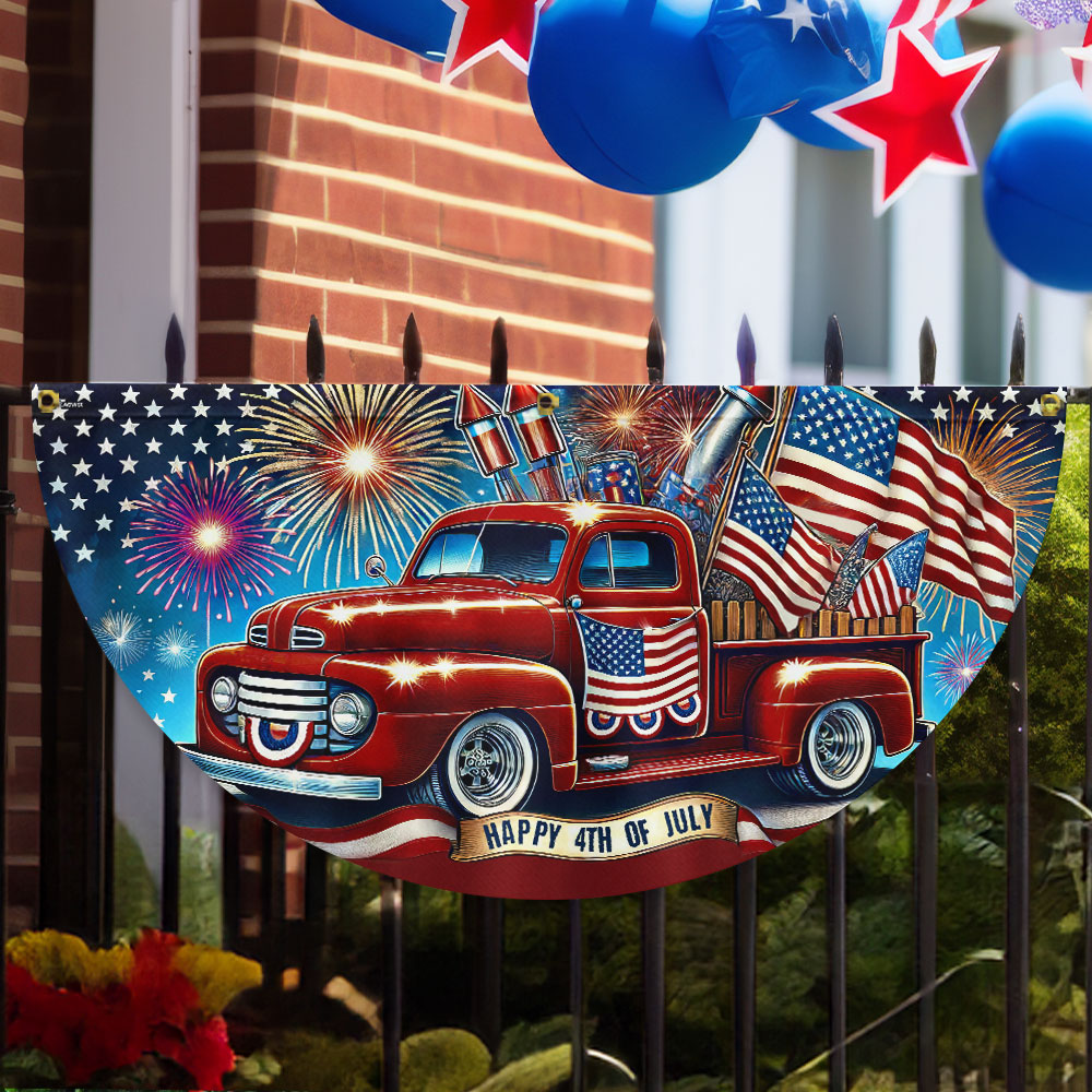 Happy 4th Of July Red Pickup Truck Non-Pleated Fan Flag