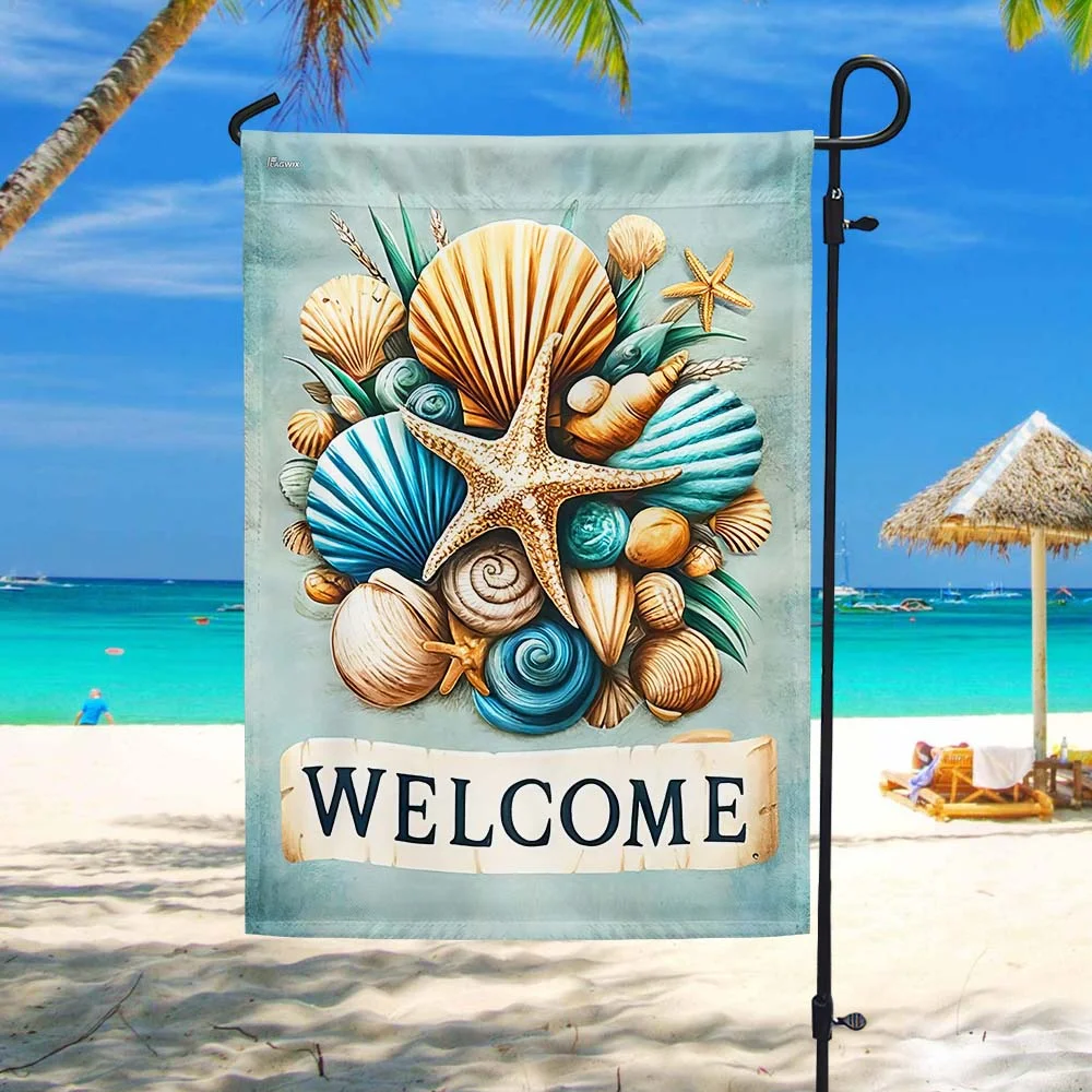 Welcome Summer Beach Starfish And Seashell Flag