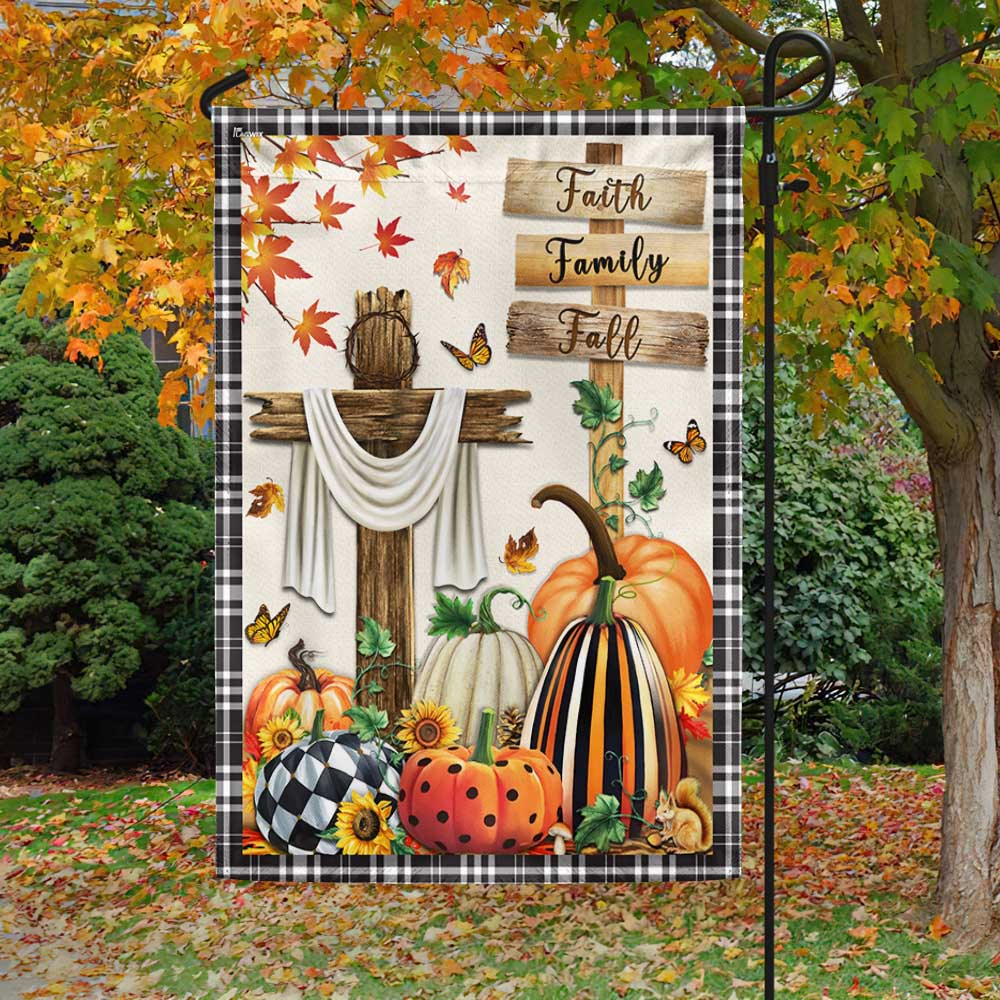 Fall Flag Faith, Family, Fall Christian Cross Pumpkins Thanksgiving Flag