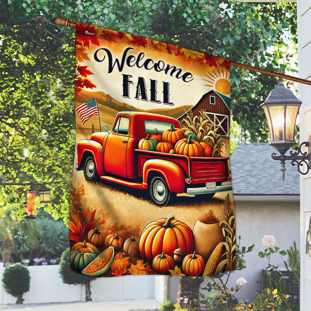 Fall Truck Welcome Fall Pumpkins Harvest Thanksgiving Flag