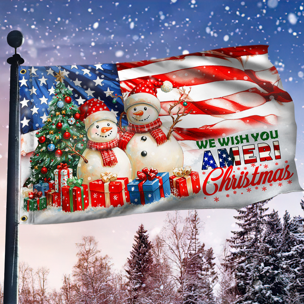 Christmas American With Santa Claus and Snowman Christmas Tree Grommet Flag