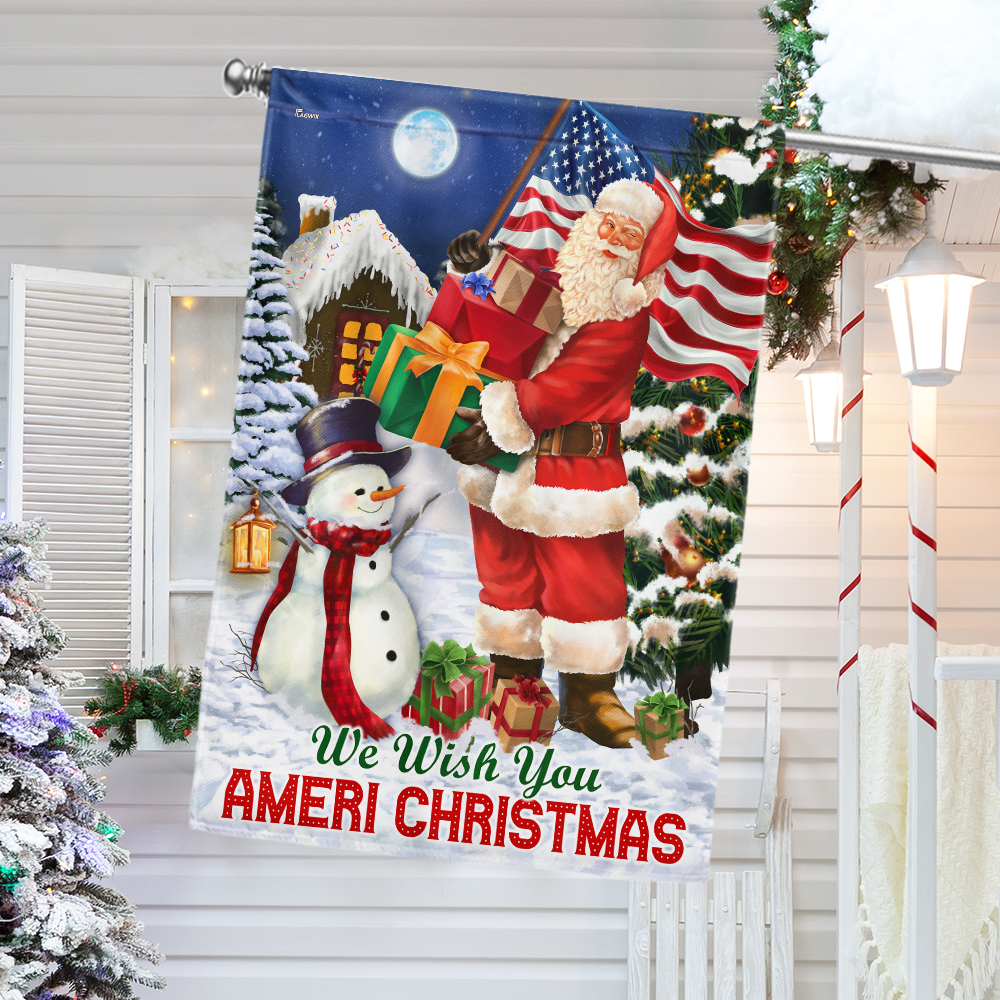 Santa Claus Snowman American Christmas We Wish You Ameri Christmas Flag