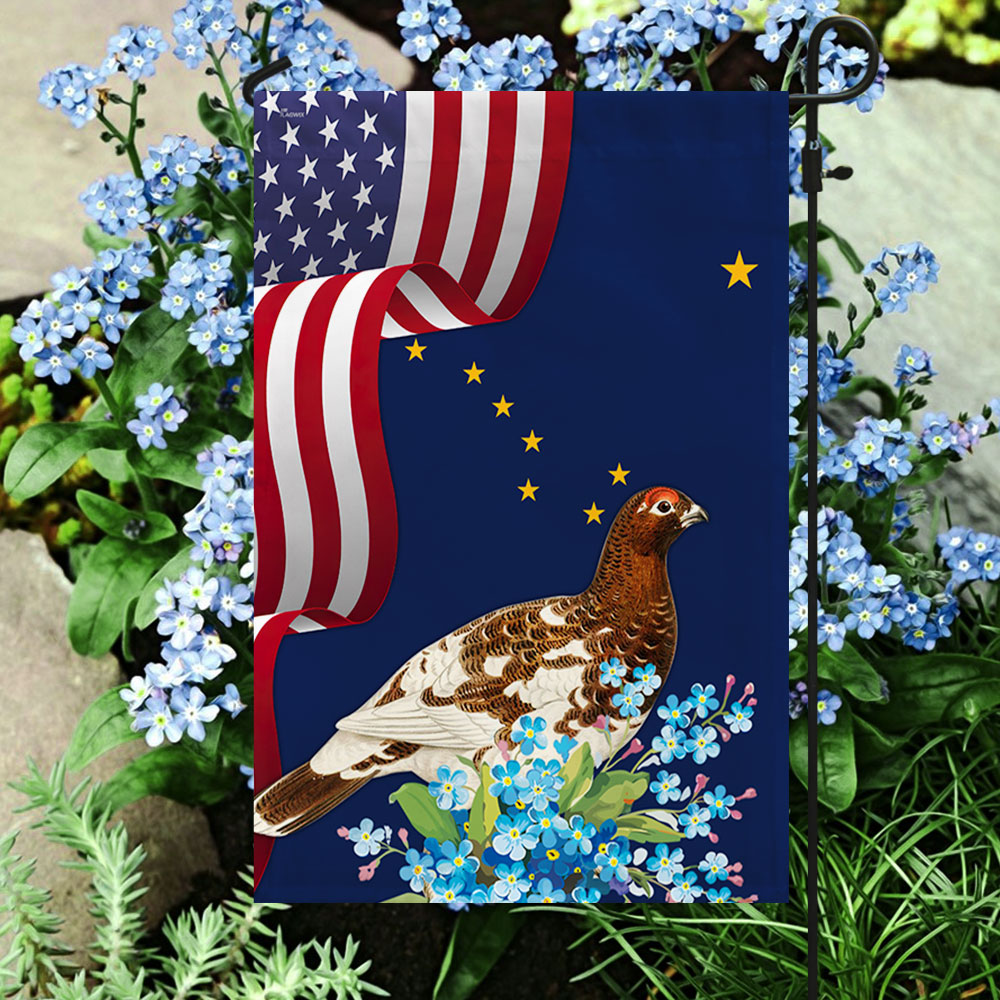 Alaska State Willow Ptarmigan Bird and Forget-Me-Not Flower Flag