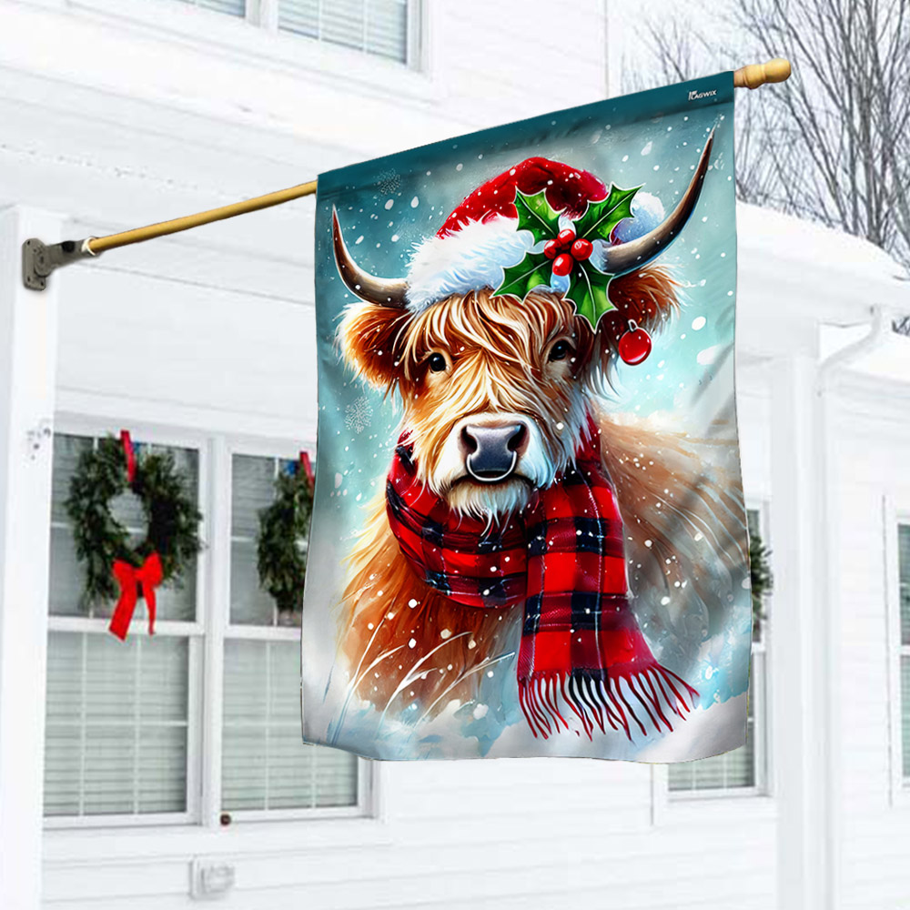 Merry Christmas Highland Cow With Santa Hat Highland Cattle Flag TQN4141F 3-Day Shipping