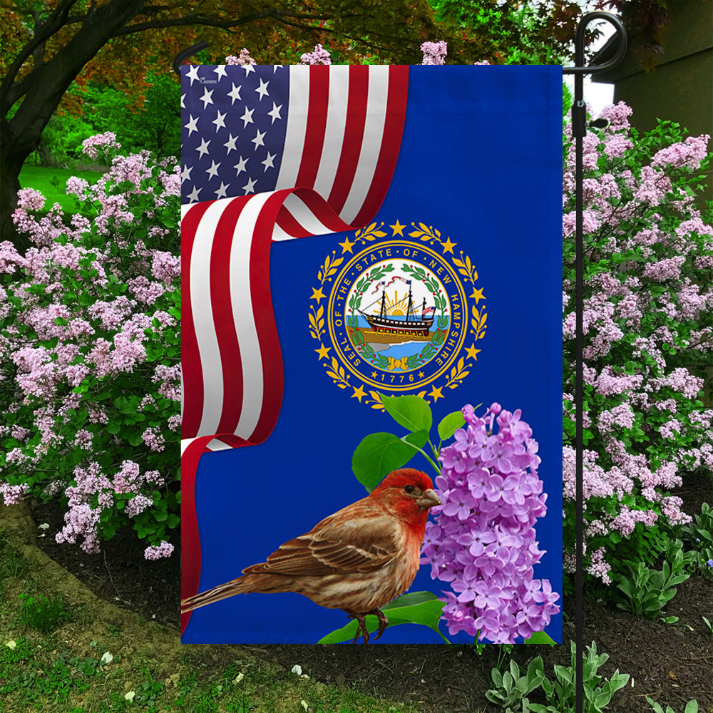 New Hampshire State Purple Lilac Flower and Purple Finch Bird Flag